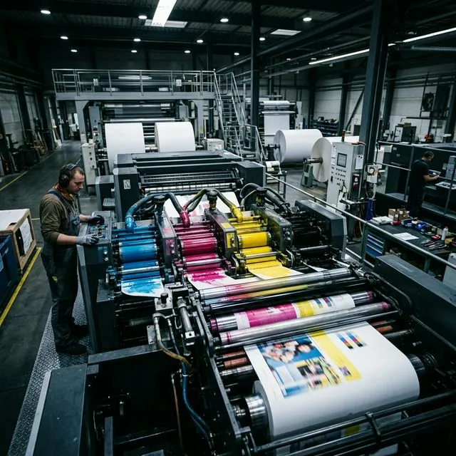 Professional offset printing press with CMYK ink rollers in a modern printing facility