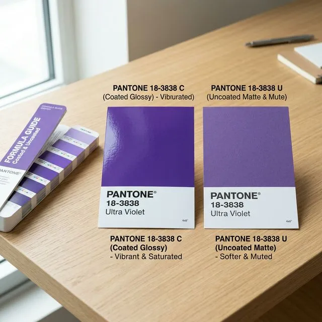 Side-by-side comparison of Pantone Ultra Violet on coated glossy paper versus uncoated matte paper