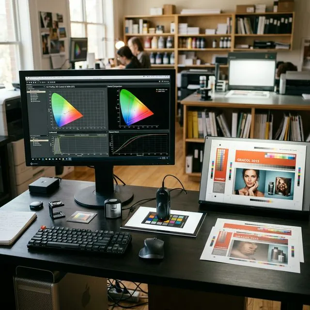 Professional color management workstation with calibrated monitor showing ICC gamut charts and printed proofs