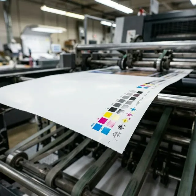 Close-up of CMYK color control bars and registration marks on a printed sheet from a professional press