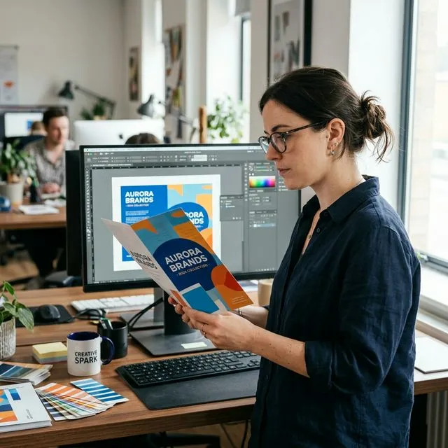 Designer examining a printed brochure comparing colors with a monitor display