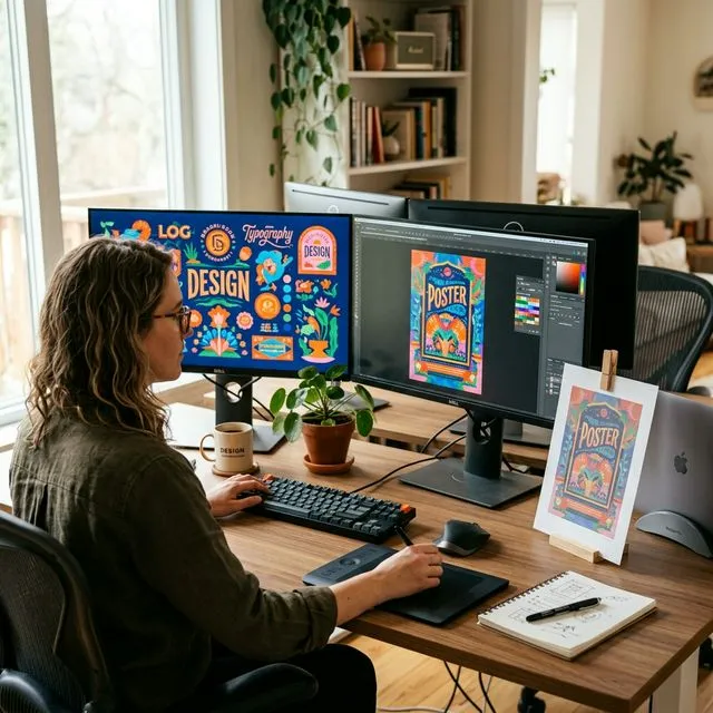 Graphic designer comparing vibrant screen colors with printed output at a dual-monitor workstation