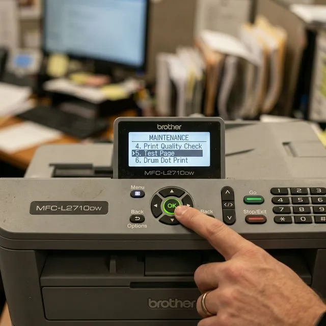 Brother printer LCD control panel showing Maintenance menu with Test Page option
