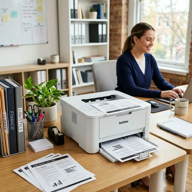 Brother laser printer in a small business office printing crisp documents