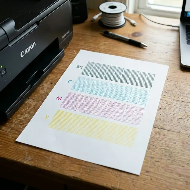 Canon nozzle check pattern on paper showing BK, C, M, Y ink lines