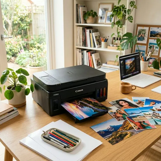 Canon PIXMA inkjet printer on a creative workspace printing a vibrant photograph with glossy prints nearby