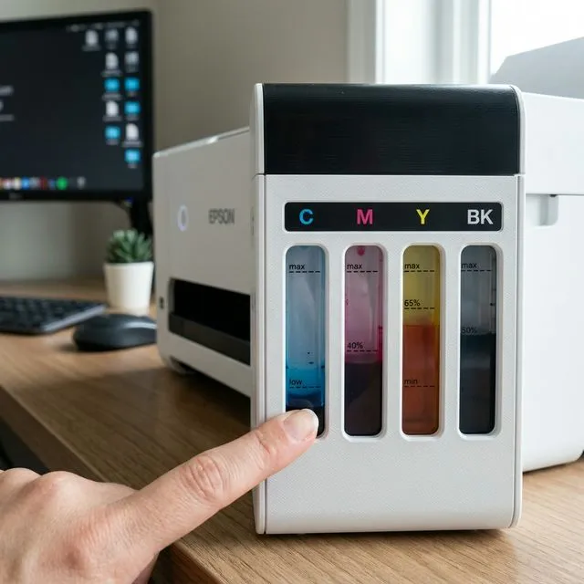 Niveles de tinta visibles en los tanques transparentes de una impresora Epson EcoTank
