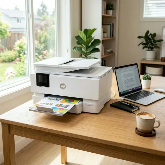 Modern HP inkjet all-in-one printer on a clean home office desk printing a colorful document