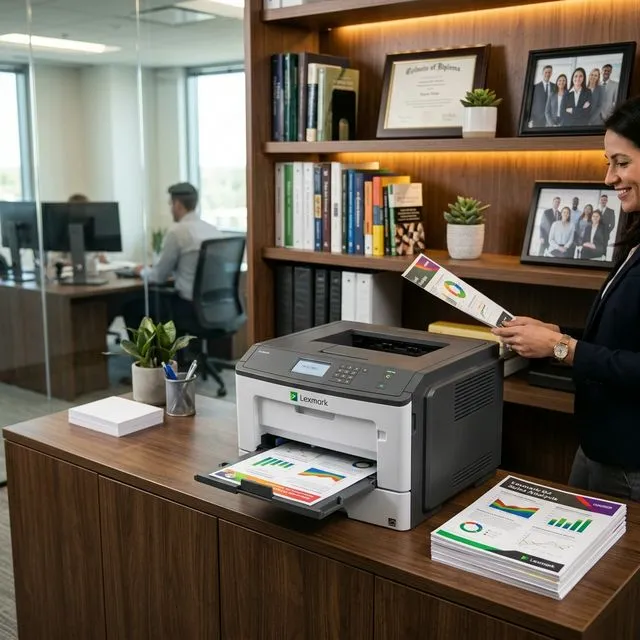 Lexmark color laser printer in a professional business office printing color reports