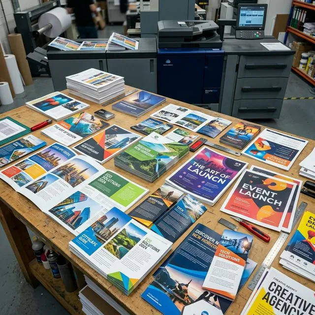 High-quality color brochures and flyers spread on a work table from a production printer