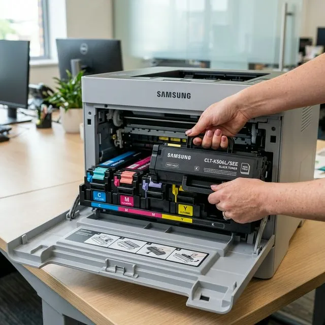 Hands replacing a toner cartridge in a Samsung laser printer showing internal CMYK cartridges